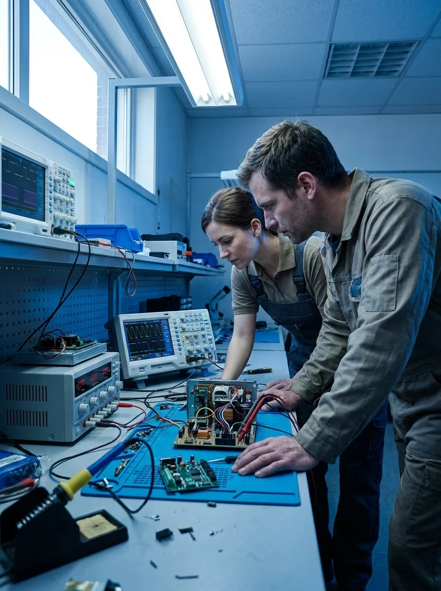R&D engineering team testing a safety device at a lab bench