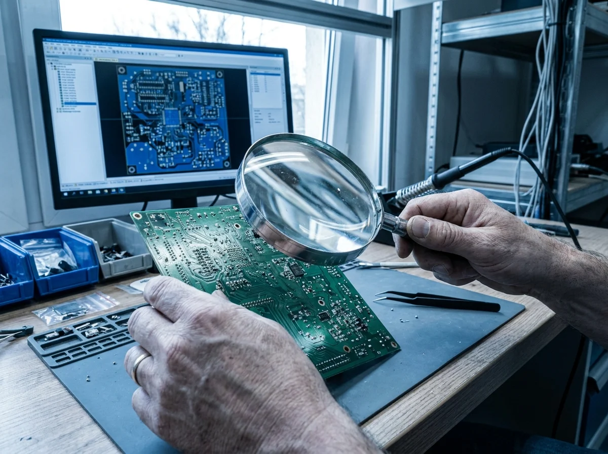 Engineer reviewing a PCB layout for an alarm device
