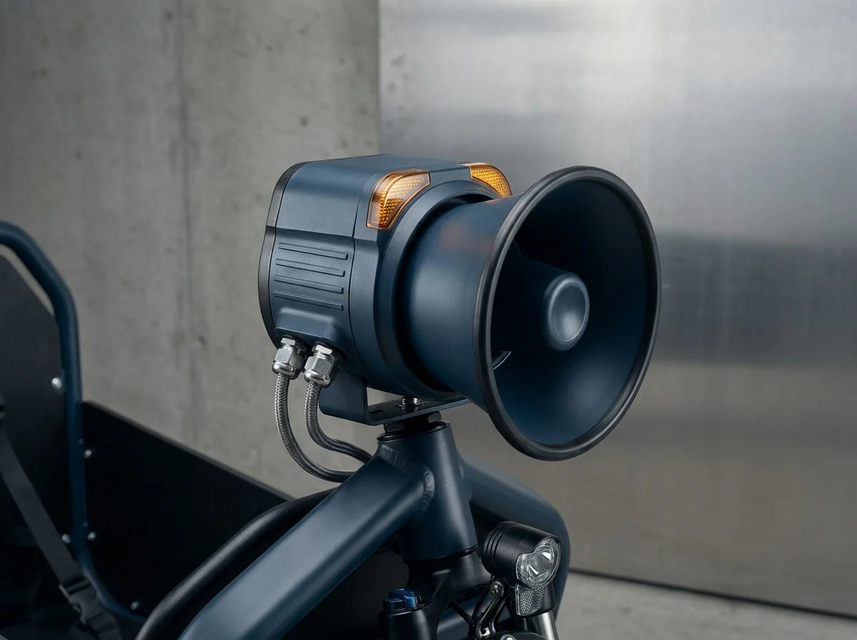Horn-style loud siren bike alarm for cargo bikes and high-value builds parked outdoors