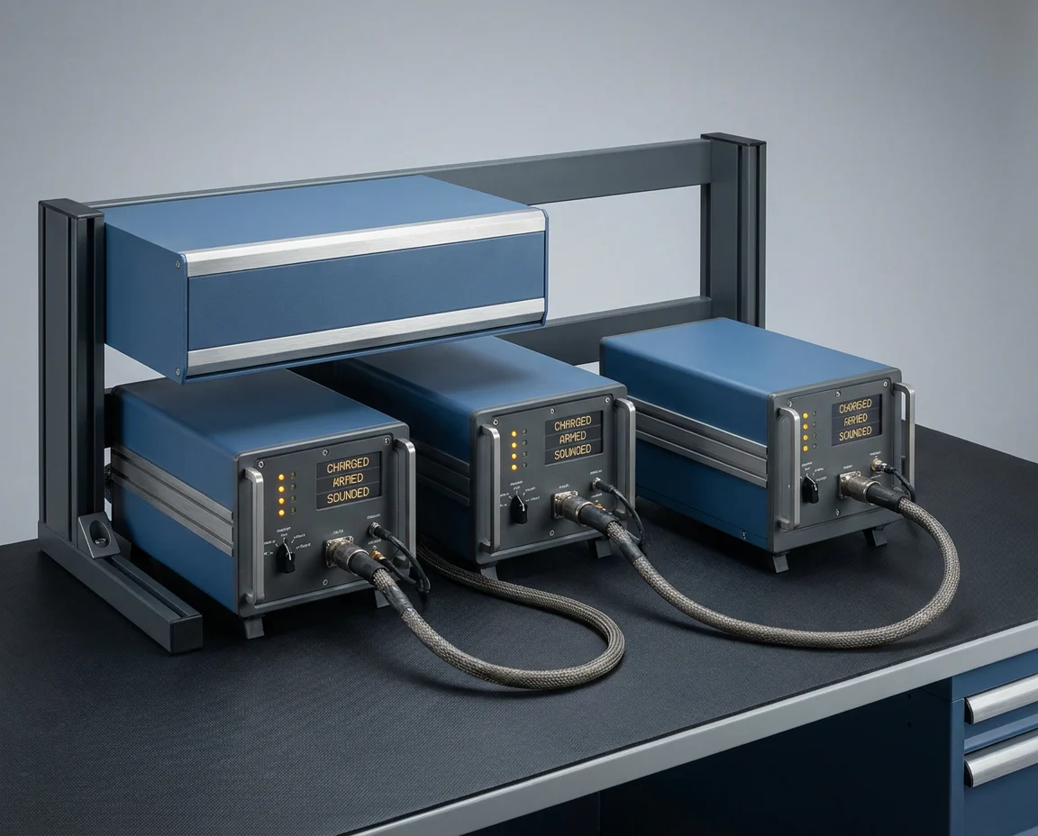 Final trip-test bench where every unit is charged, armed and sounded