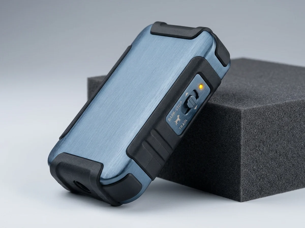 Trainer bark-control ultrasonic unit leaning on Bark-Stop and Train modes with LED marker