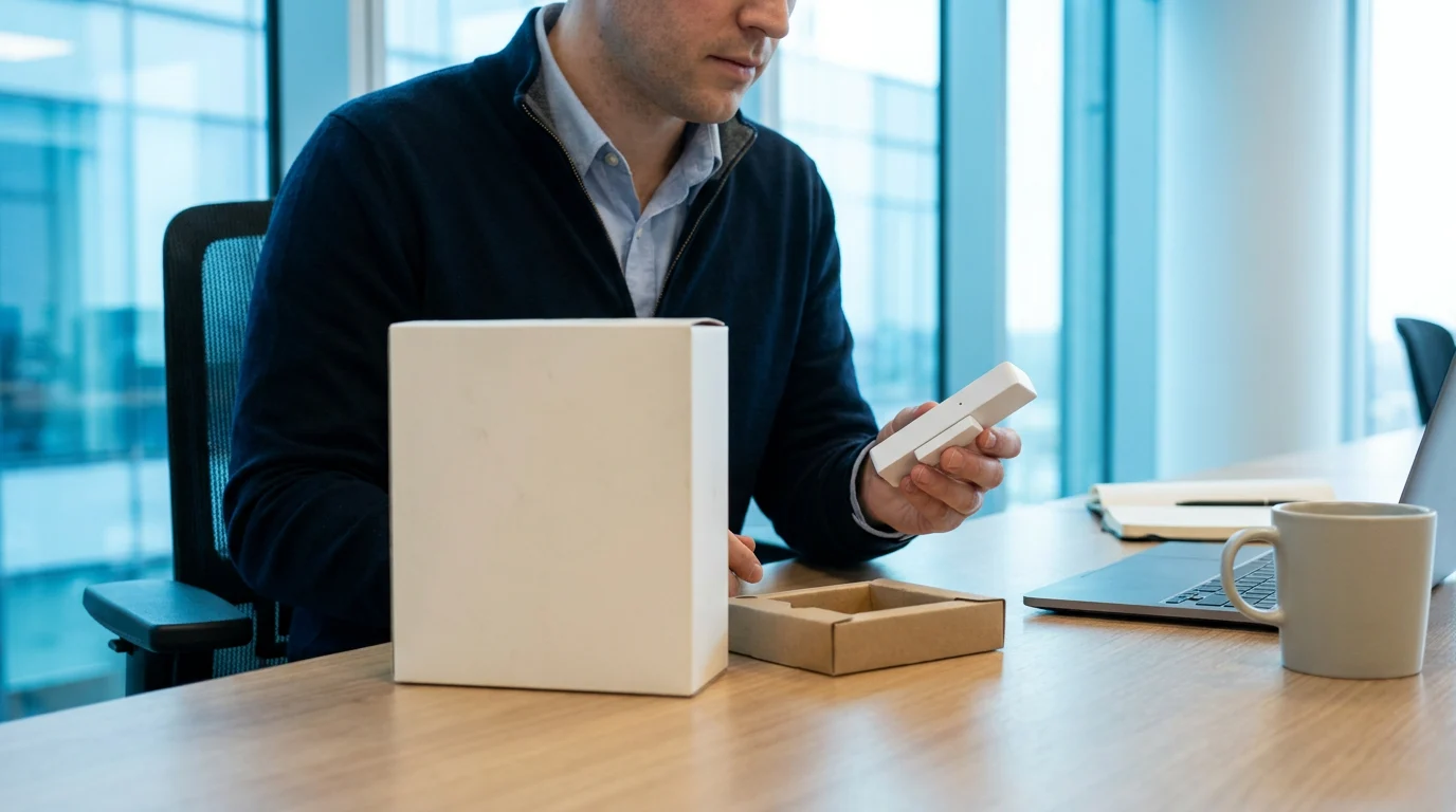 Security brand owner reviewing a custom OEM door sensor and packaging
