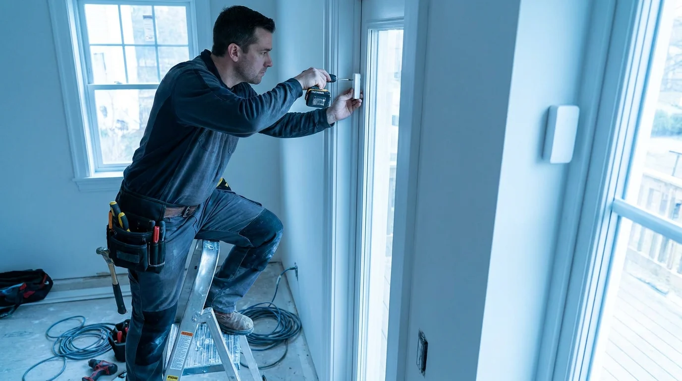 Installer fitting door and window sensors in quantity for a property fit-out