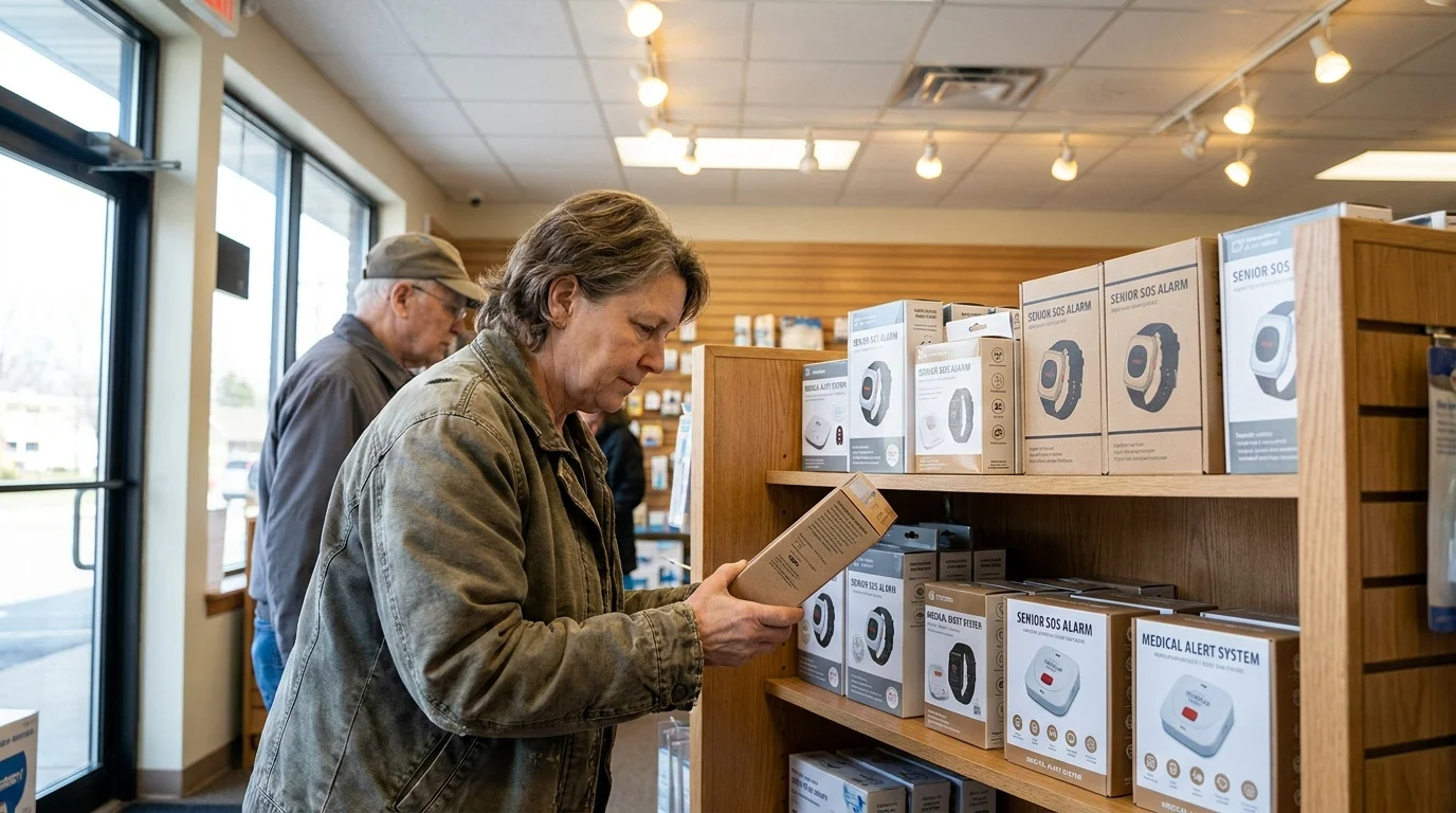 Aging-in-place and home-medical retail selling a senior alarm a family buys for a parent