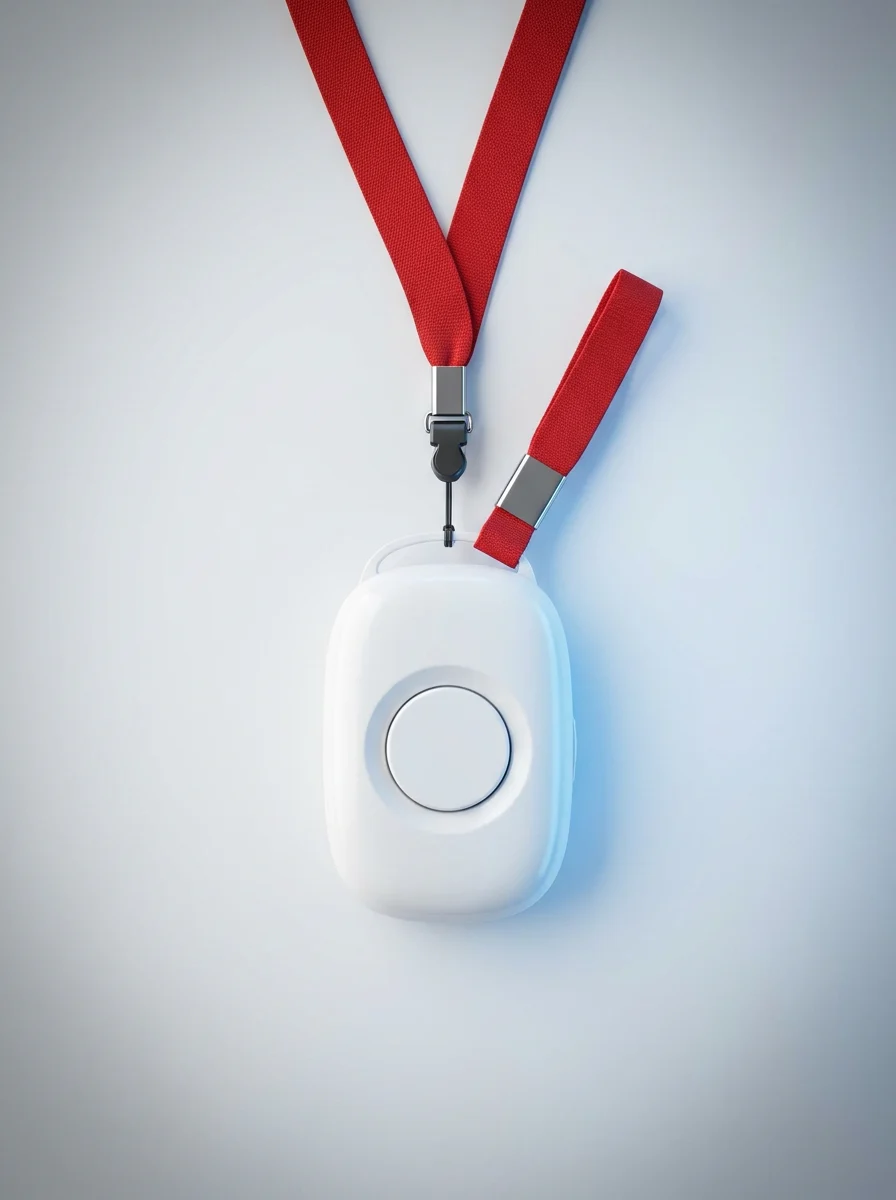 Elderly personal alarm worn as a neck pendant on a breakaway safety lanyard