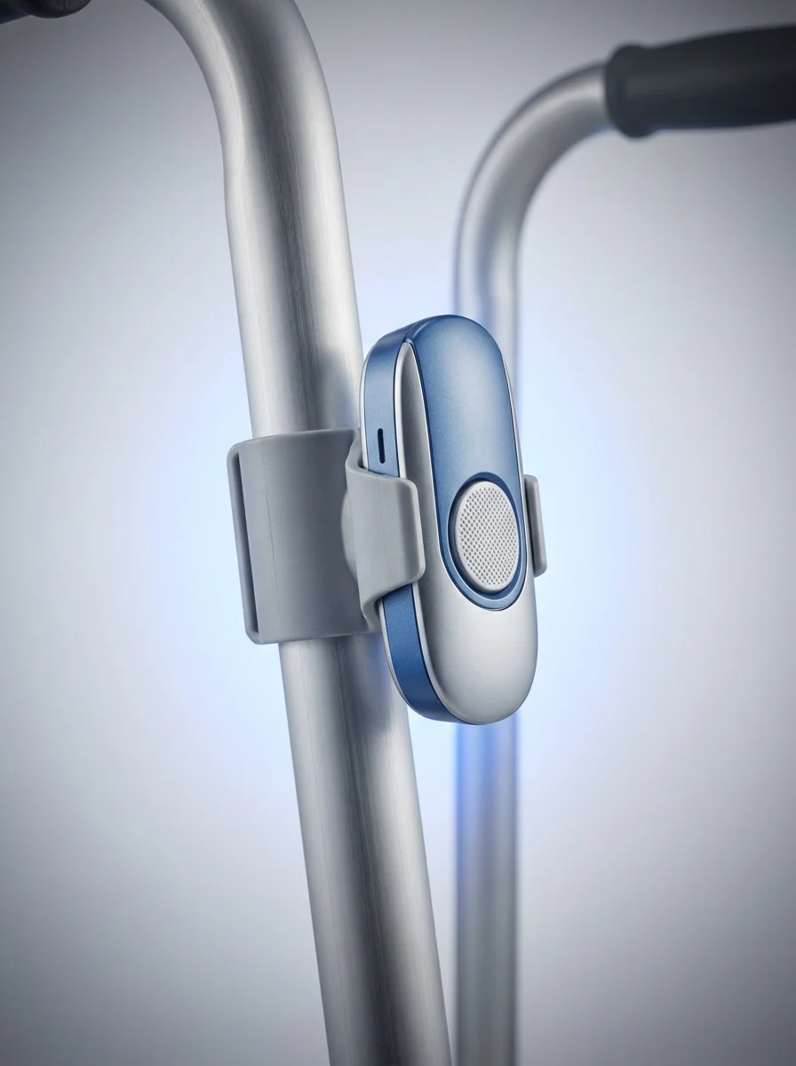 Elderly personal alarm clipped to a walker or rollator mobility aid