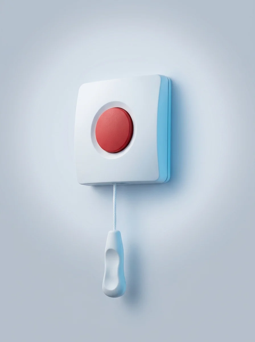 Elderly personal alarm as a wall-mount SOS button by a bathroom