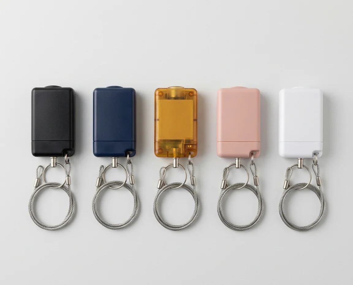 Personal alarm color variants on a clean surface