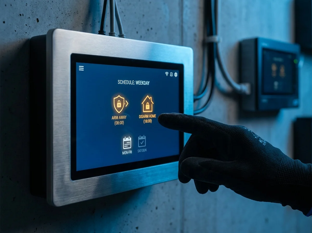 Arm / disarm home-away schedule screen for a motion alarm system