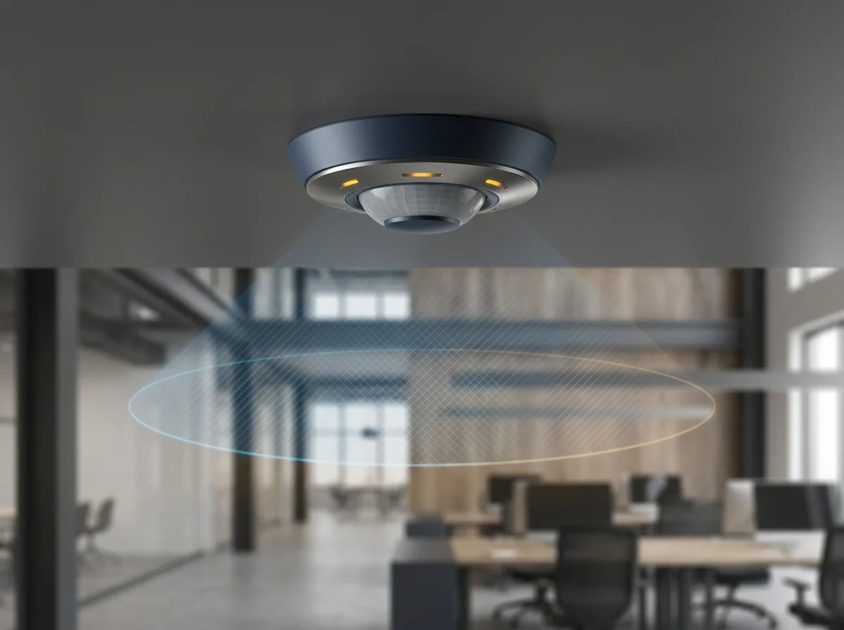 Ceiling 360-degree PIR motion sensor throwing a full-circle field over an open-plan room