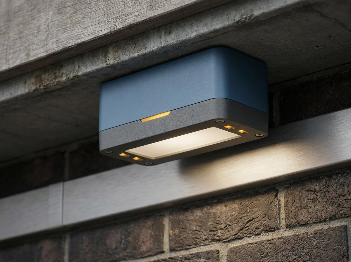 Outdoor IP65 weather-resistant PIR motion sensor mounted over a covered entry
