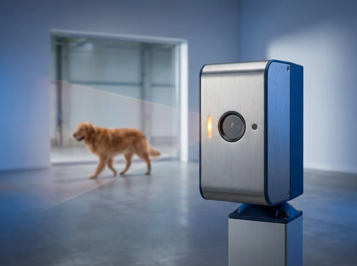 Pet-immune PIR motion sensor watching a room where a dog crosses the floor untriggered