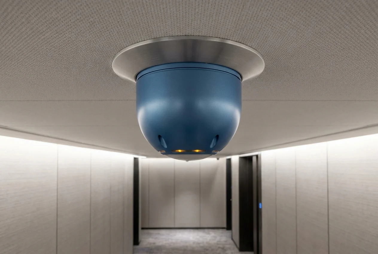 Hotel corridor with a ceiling 360-degree PIR motion sensor