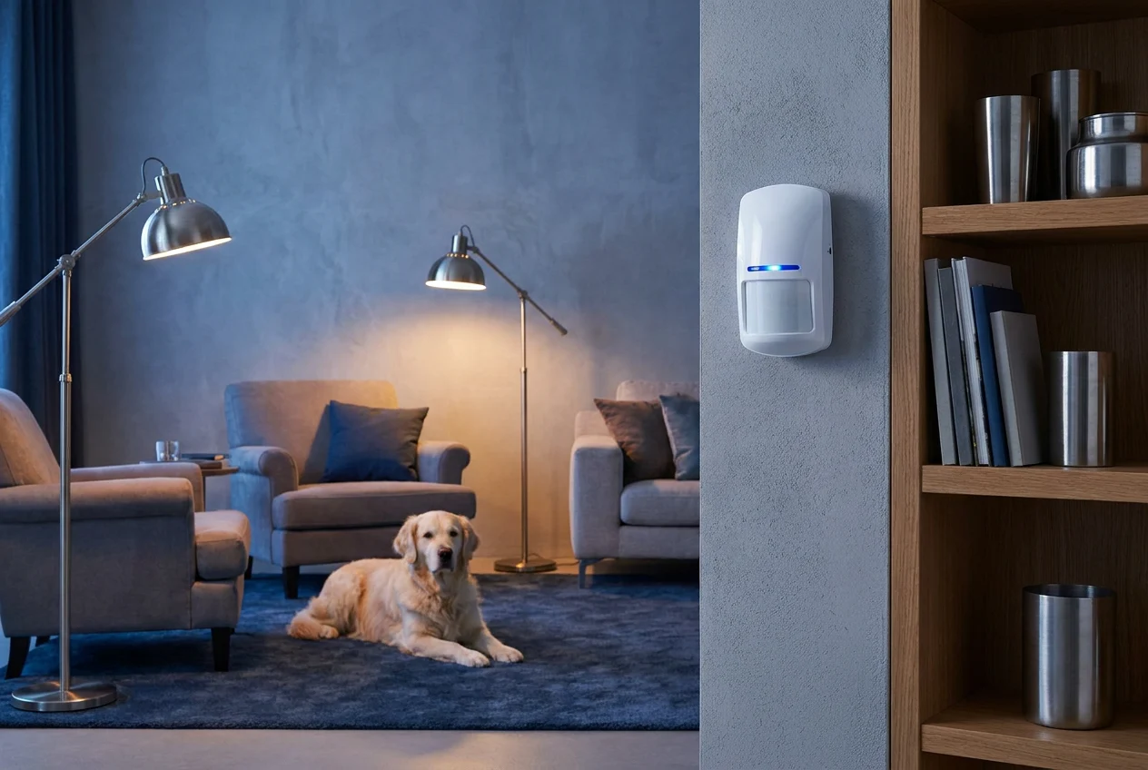 Pet-immune PIR sensor in a living room with a dog on the floor
