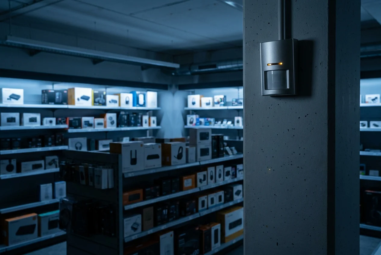 After-hours shop interior armed and dark, watched by a PIR motion sensor