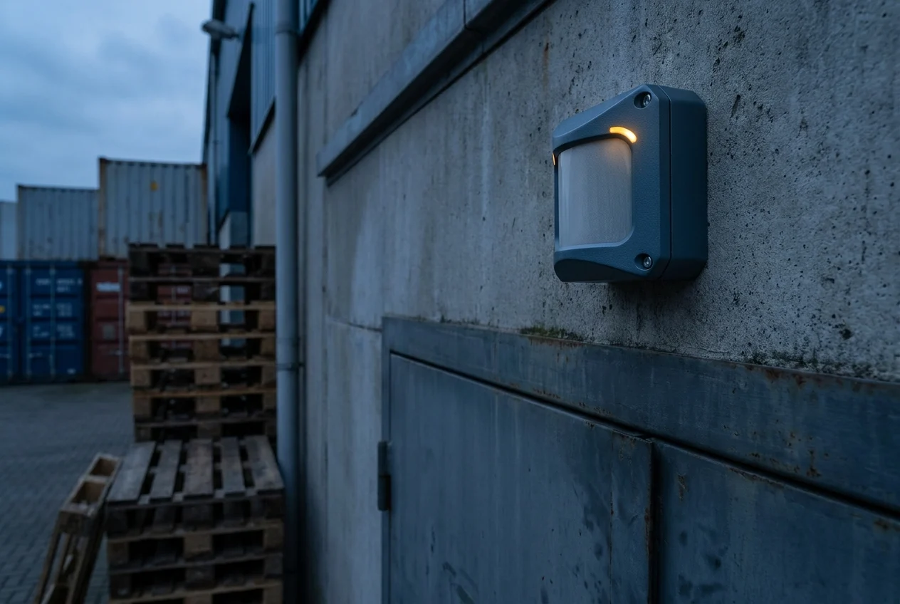 Outdoor IP65 PIR sensor over a warehouse yard entry