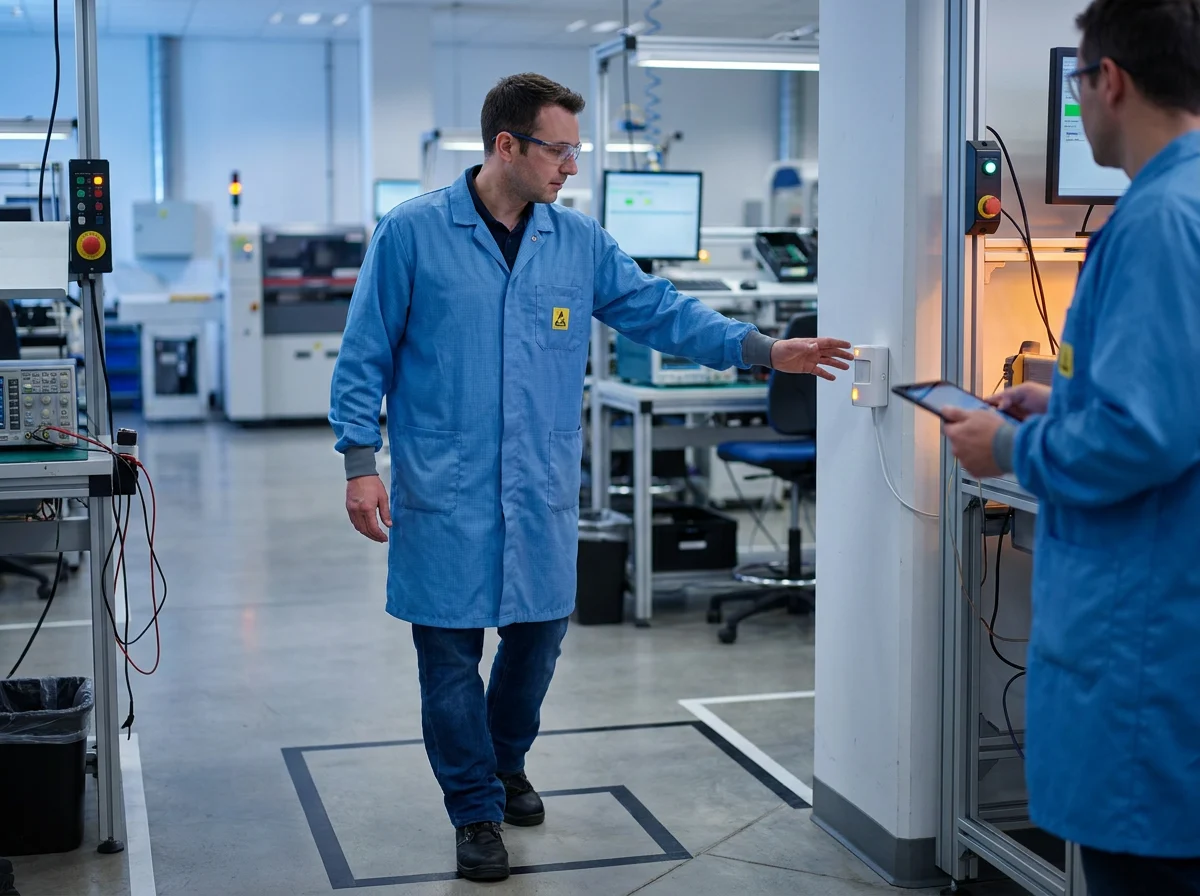Technician walk-testing a PIR unit by stepping through the detection cone