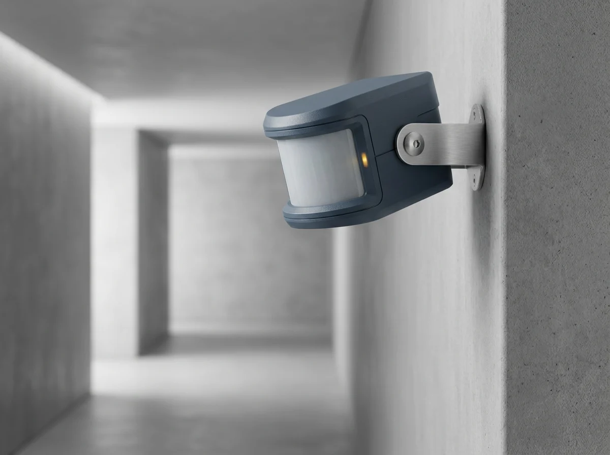 Wall / corner mini PIR motion sensor on a swivel bracket aiming down a hallway