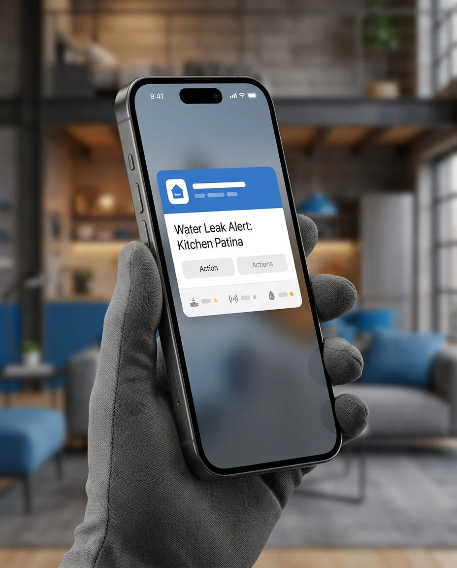 Phone showing a Water leak detected — kitchen push notification
