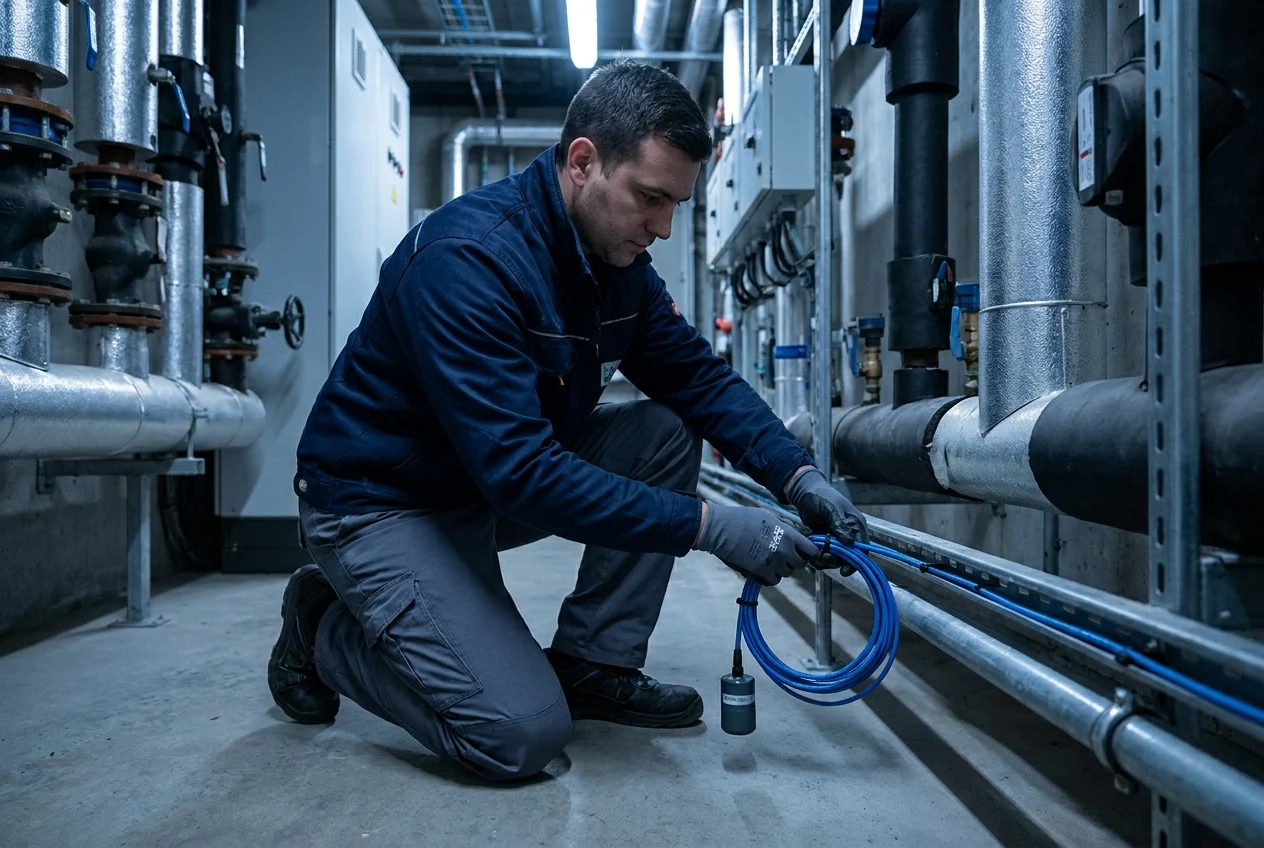 Property install team fitting a cabled water leak probe in a plant room