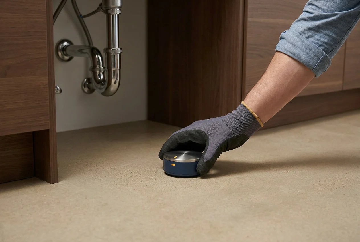 Homeowner placing a single water sensor under a kitchen sink
