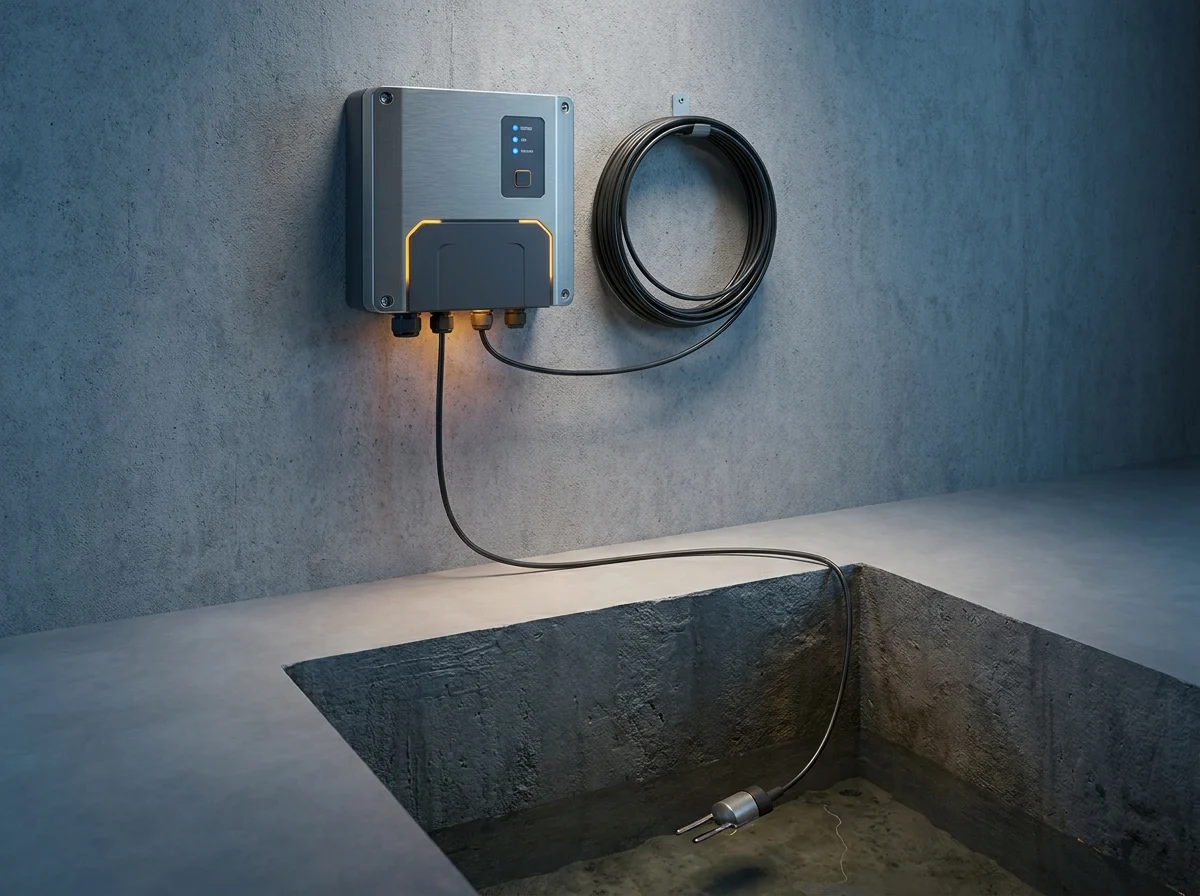 Cabled-probe extension keeping the alarm unit dry while the probe drops into a sump