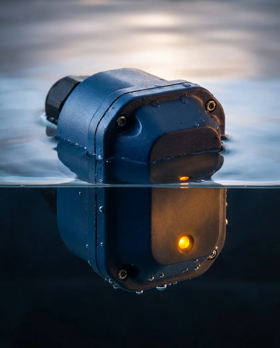 IP67 water leak detector body half-submerged in water and still lit