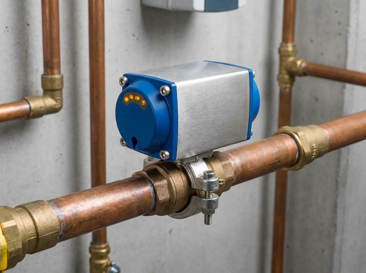 Motorised shut-off valve clamped on a water pipe