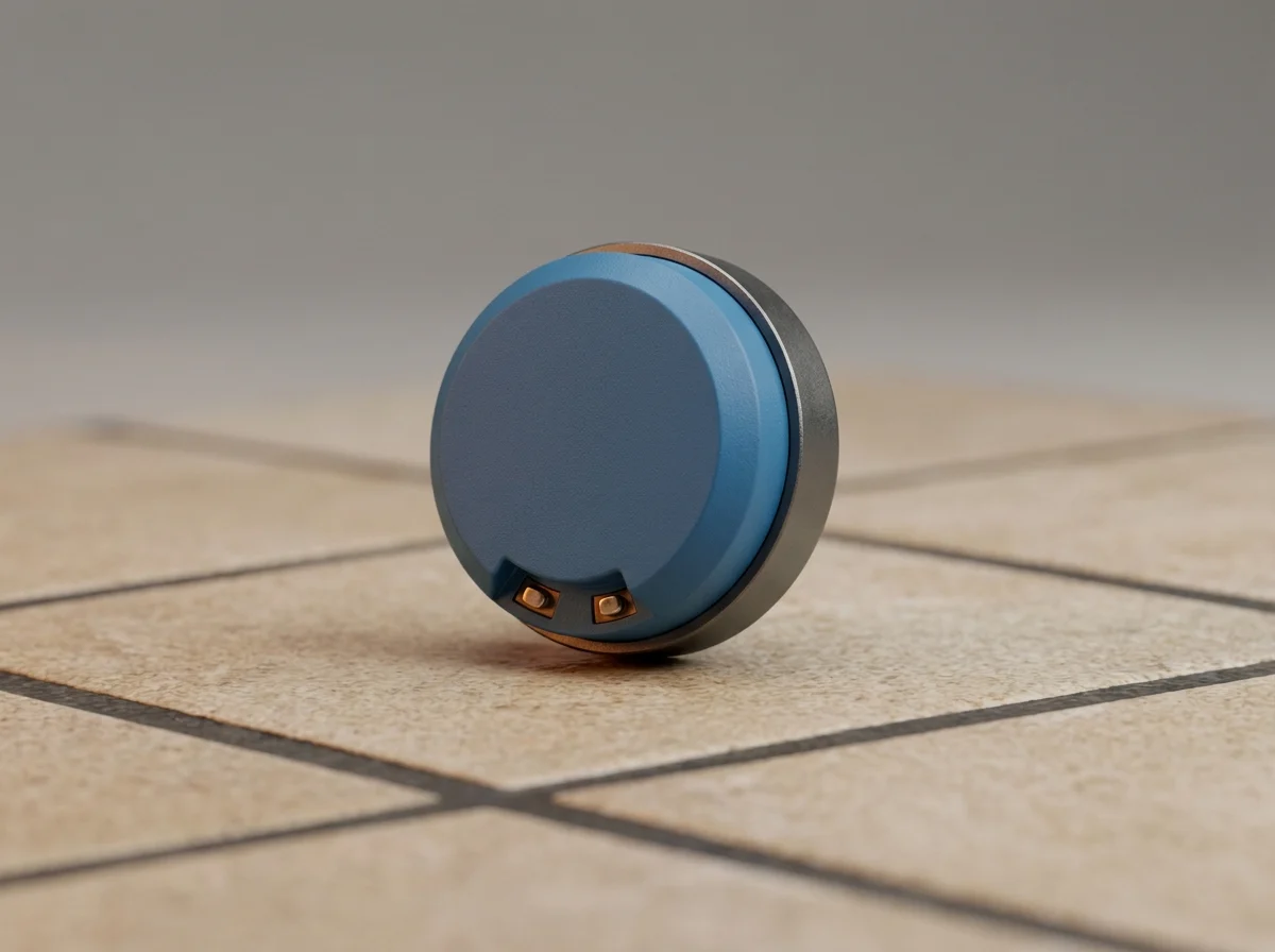 Spot probe water leak sensor sitting flat at the low point of a floor