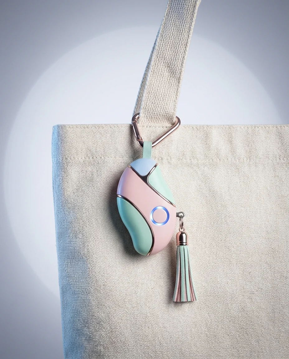 Women's personal safety alarm as a bag charm on a tote strap