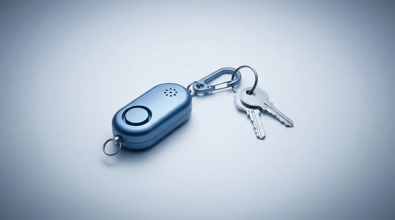 Personal safety alarm keychain clip on a set of keys